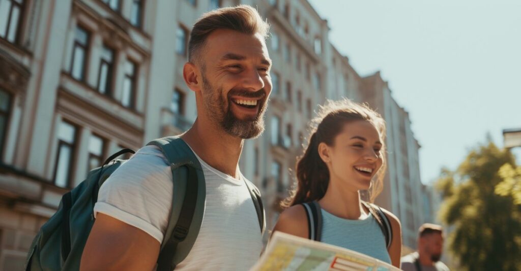 Pareja turistas felices